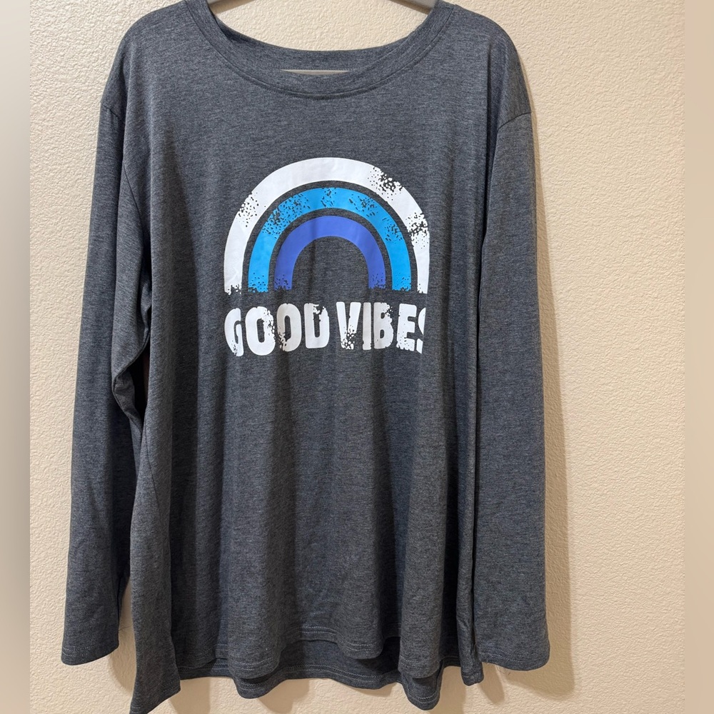 Good Vibes Rainbow Graphic Long Sleeve Tee Gray Size 3XL Casual Boho